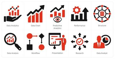 A set of 10 data analytics icons as data analytics, data chart, predictive analytics vector