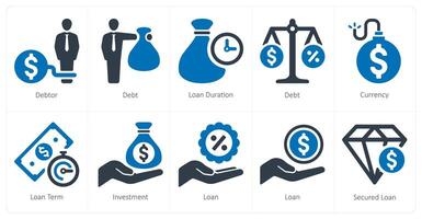 A set of 10 Loan and Debt icons as debtor, debt, loan duration vector