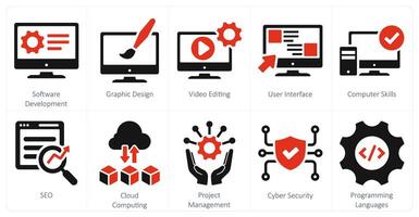 un conjunto de 10 difícil habilidades íconos como software desarrollo, gráfico diseño, usuario interfaz vector