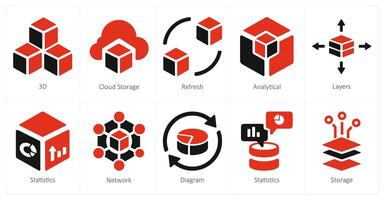 un conjunto de 10 grande datos íconos como 3d, nube almacenamiento, actualizar vector