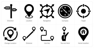 A set of 10 location icons as direction, location, navigation vector