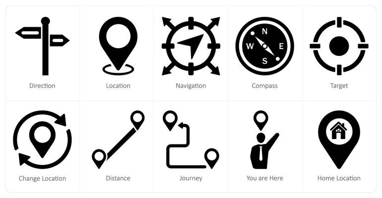 A set of 10 location icons as direction, location, navigation