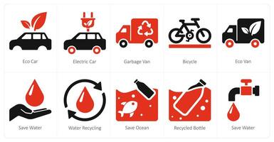 A set of 10 Ecology icons as eco car, electric car, garbage van vector