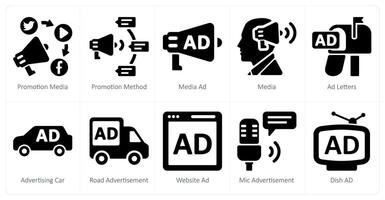 un conjunto de 10 anuncios y márketing íconos como promoción medios de comunicación, promoción método, medios de comunicación anuncio vector