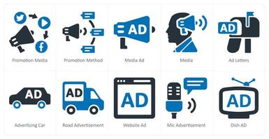 un conjunto de 10 anuncios y márketing íconos como promoción medios de comunicación, promoción método, medios de comunicación anuncio vector