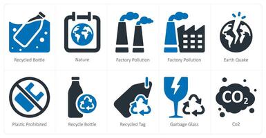 A set of 10 Ecology icons as recycled bottle, nature, factory pollution vector