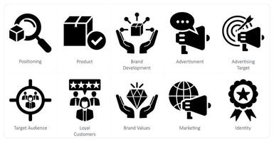 A set of 10 branding icons as positioning, product, brand development vector