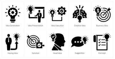 A set of 10 idea icons as idea generation, idea presentation, idea execution vector