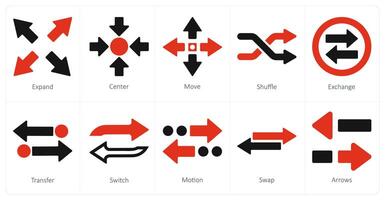 un conjunto de 10 flechas íconos como expandir, centro, moverse vector