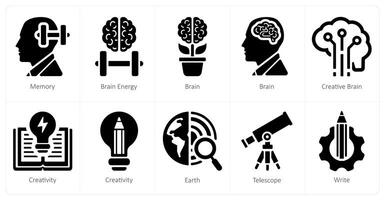 A set of 10 School and Education icons as memory, brain energy, brain vector