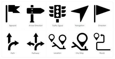 A set of 10 Navigation icons as signpost, arrow direction, traffic signal vector