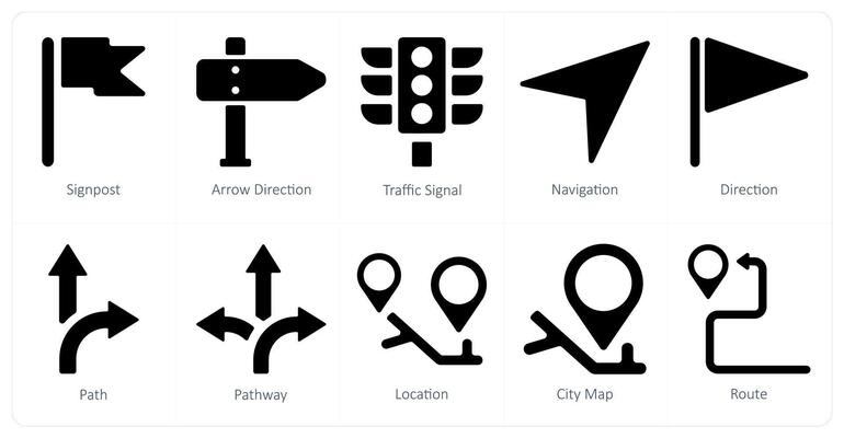 A set of 10 Navigation icons as signpost, arrow direction, traffic signal