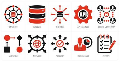 un conjunto de 10 datos analítica íconos como estructura, base de datos, grande datos vector