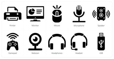 A set of 10 computer parts icons as printer, monitor, mouse vector