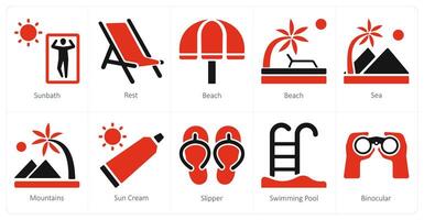 A set of 10 Travel and vacation icons as sunbath, rest, beach vector