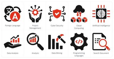 un conjunto de 10 difícil habilidades íconos como exterior idioma, proyecto gestión, ciber seguridad vector