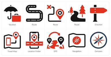 A set of 10 Travel and vacation icons as vacation, route, direction vector