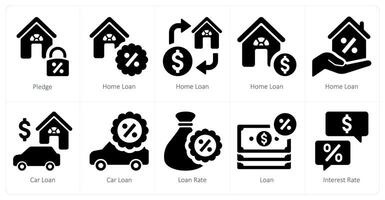 A set of 10 Loan and Debt icons as pledge, home loan, car loan vector