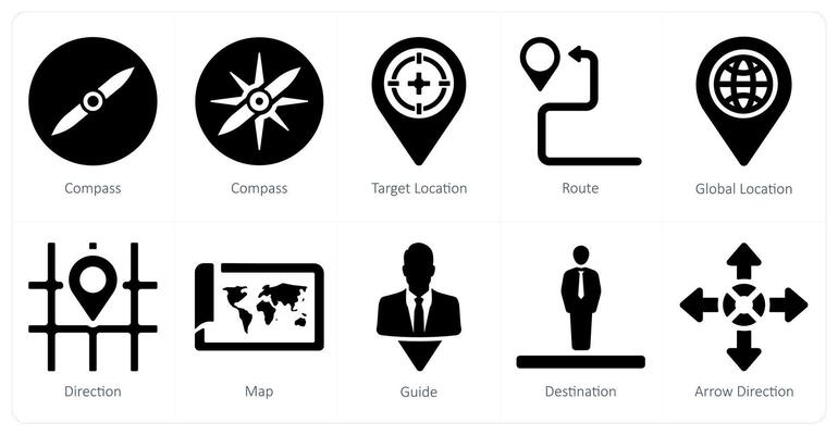 A set of 10 Navigation icons as compass, target location, route