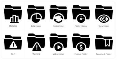 A set of 10 Folder icons as statistics, data folder, folder sync vector