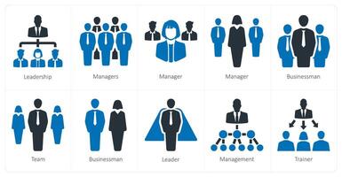 A set of 10 Leadership icons as leadership, managers, businessman vector