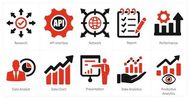 A set of 10 data analytics icons as research, api interface, network vector