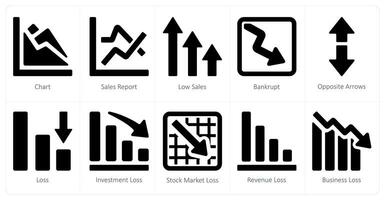 un conjunto de 10 diagramas y informes íconos como cuadro, ventas informe, bajo ventas vector