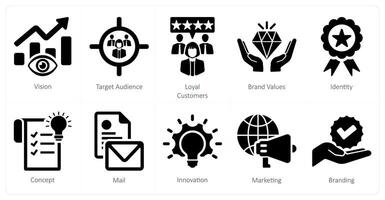 A set of 10 branding icons as vision, target audience, loyal customers vector