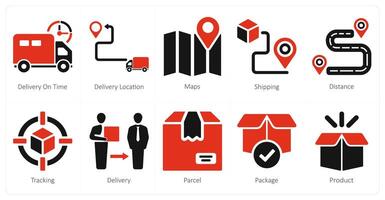 A set of 10 delivery icons as delivery on time, delivery location, maps vector