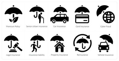 un conjunto de 10 seguro íconos como prima política, mayor ciudadano seguro, coche seguro vector