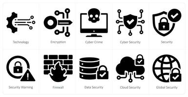 A set of 10 cyber security icons as technology, encryption, cyber crime vector