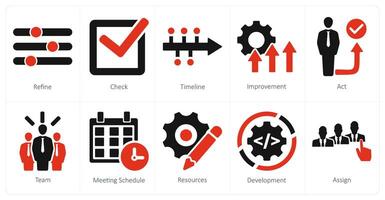 A set of 10 action plan icons as refine, check, timeline, improvement vector