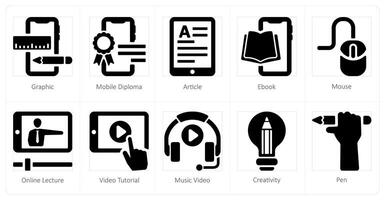 A set of 10 online education icons as graphic, mobile diploma, article vector