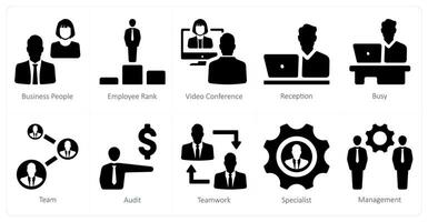 A set of 10 Human Resources icons as business people, employee rank, conference vector