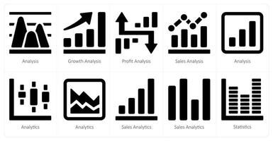 un conjunto de 10 diagramas y informes íconos como análisis, crecimiento análisis, lucro análisis vector