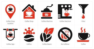 A set of 10 coffee icons as coffee shop location, coffee shop, coffee machine vector