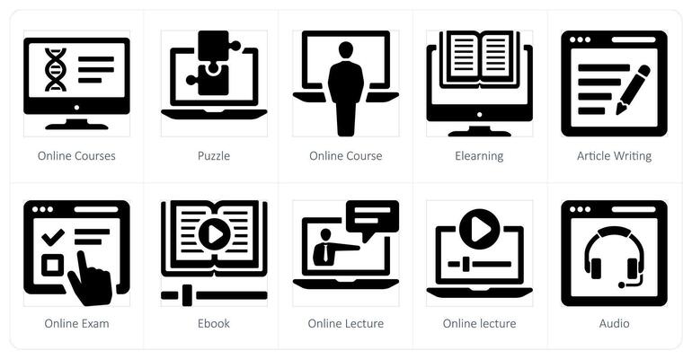 A set of 10 online education icons as online classes, puzzle, online course