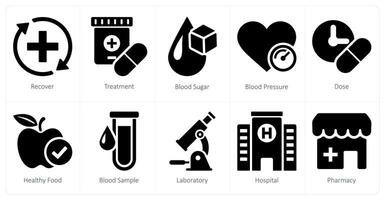 A set of 10 health checkup icons as recover, treatment, blood sugar vector