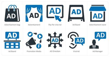 A set of 10 ads and marketing icons as advertisement bag, advertisement, pay per click ad vector