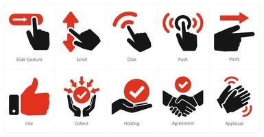 A set of 10 hands icons as slide gesture, scroll, click vector