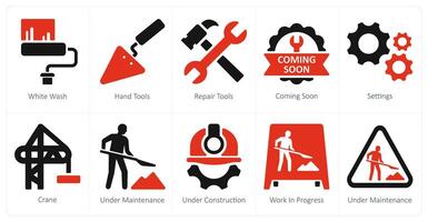 A set of 10 under construction icons as white wash, hand tools, repair tools vector