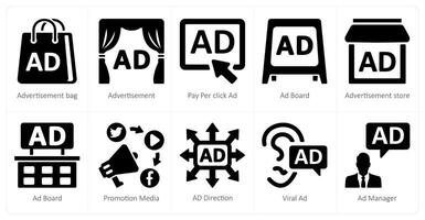 A set of 10 ads and marketing icons as advertisement bag, advertisement, pay per click ad vector