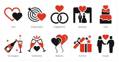 A set of 10 honeymoon icons as love, couple goals, engagement vector