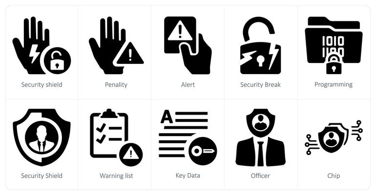 A set of 10 gdpr icons as security shield, penality, alert