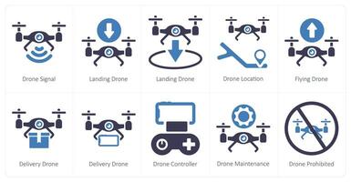 A set of 10 Drone icons as drone signal, landing drone, drone location vector