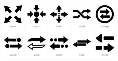 un conjunto de 10 flechas íconos como expandir, centro, moverse vector