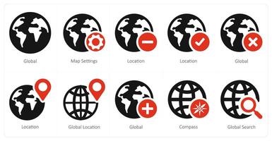 un conjunto de 10 navegación íconos como global, mapa ajustes, ubicación vector