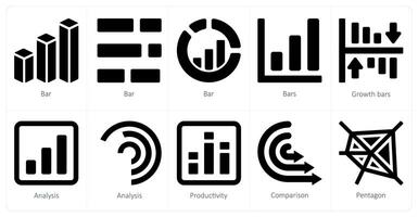 un conjunto de 10 diagramas y informes íconos como bar, crecimiento barras, análisis vector