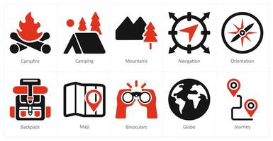 A set of 10 adventure icons as campfire, camping, mountains vector