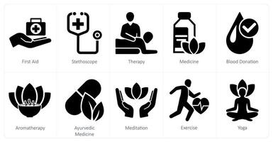 A set of 10 mix icons as first aid, stethoscope, therapy vector